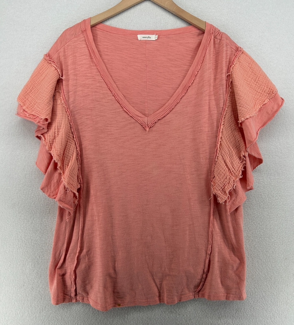 AMARYLLIS Top 2X Slub Cotton Jersey Raw Gauze Trim Ruffled Flutter Sleeve Pink